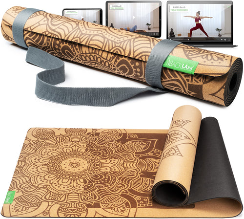Yogamatte Kork Naturkautschuk 4 mm rutschfest mit Tragegurt