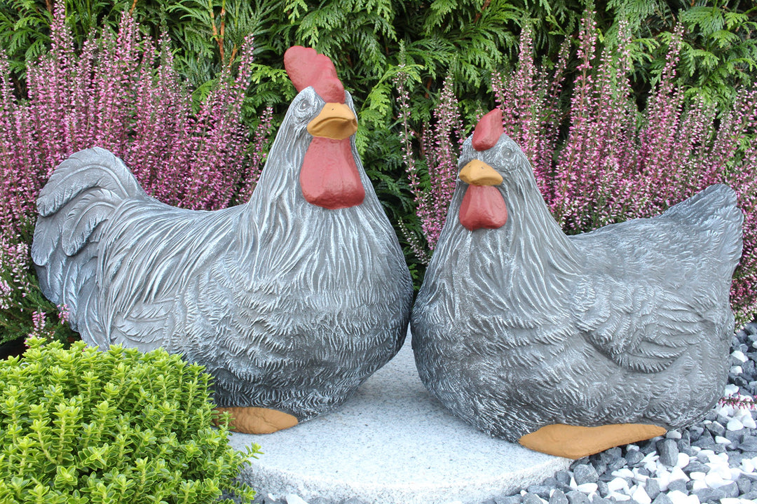 Gartenfigur Hahn &amp; Huhn 2er Set Steinguss Basaltgrau frostfest