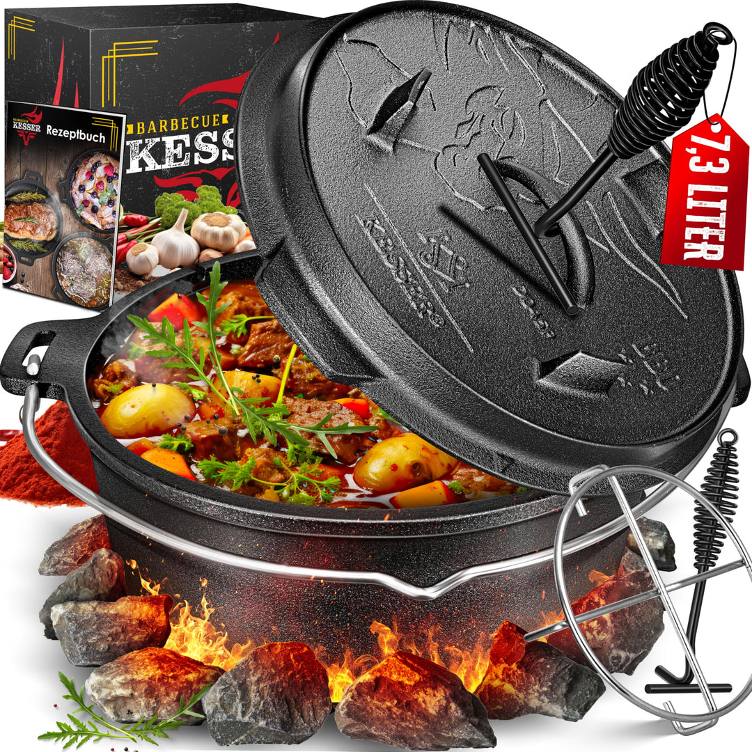 Dutch Oven Set Gusseisen 7,3 Liter mit 2-in-1 Deckel für Outdoor &amp; Indoor