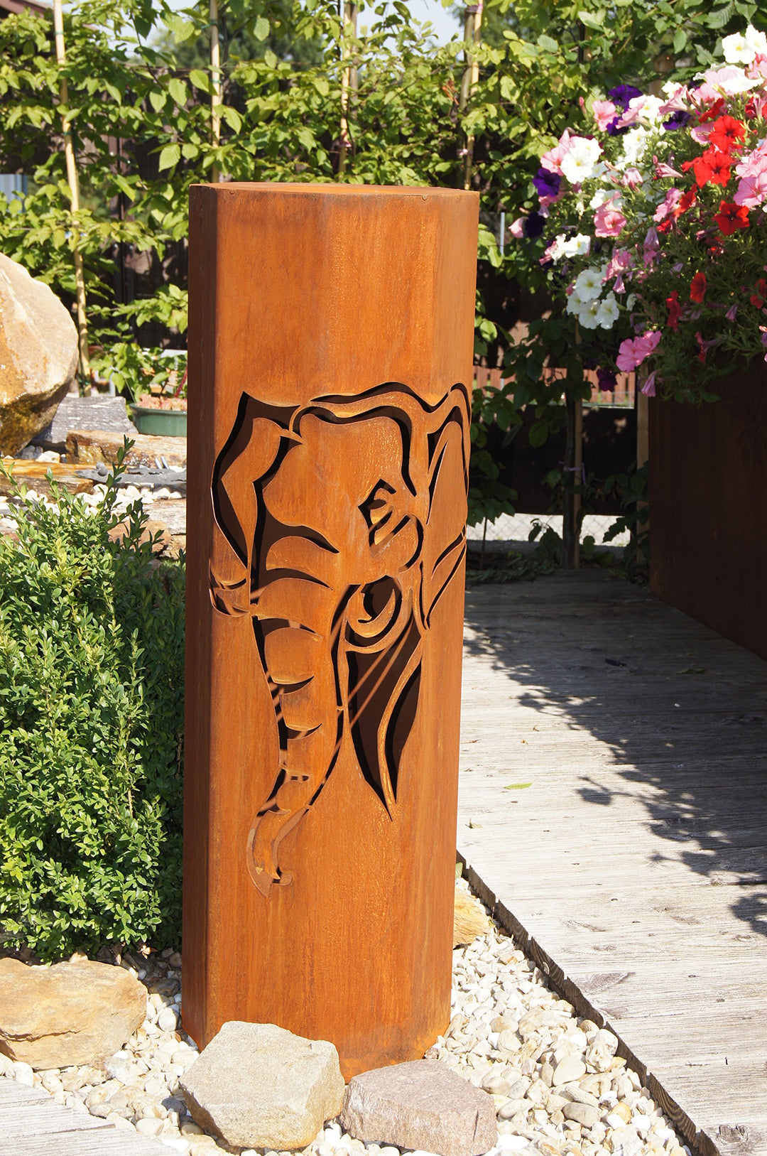 Gartenstele Edelrost 8-eckig mit Elefant-Motiv und Schale 116 cm - Bild 2